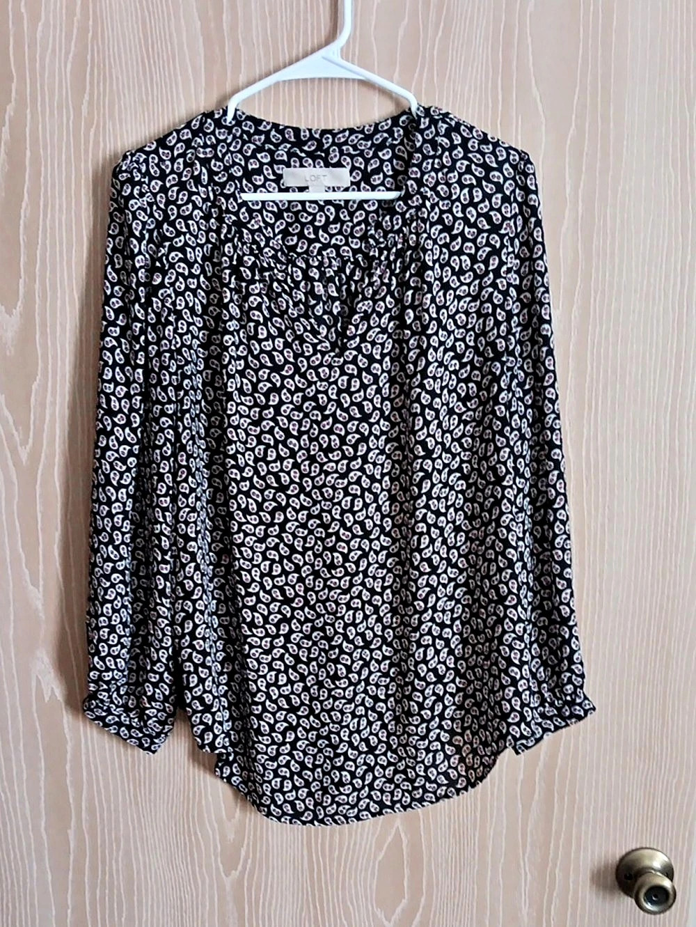 LOFT Border Paisley Shirred Split Neck Blouse in Black & White